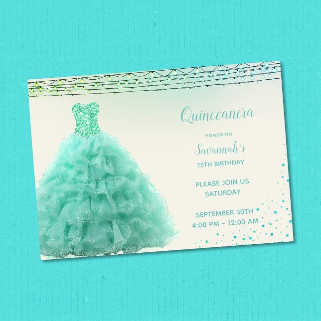 Invitación Bonito Aqua Green Gown Under Lughts Quinceanera (Subido por el creador)