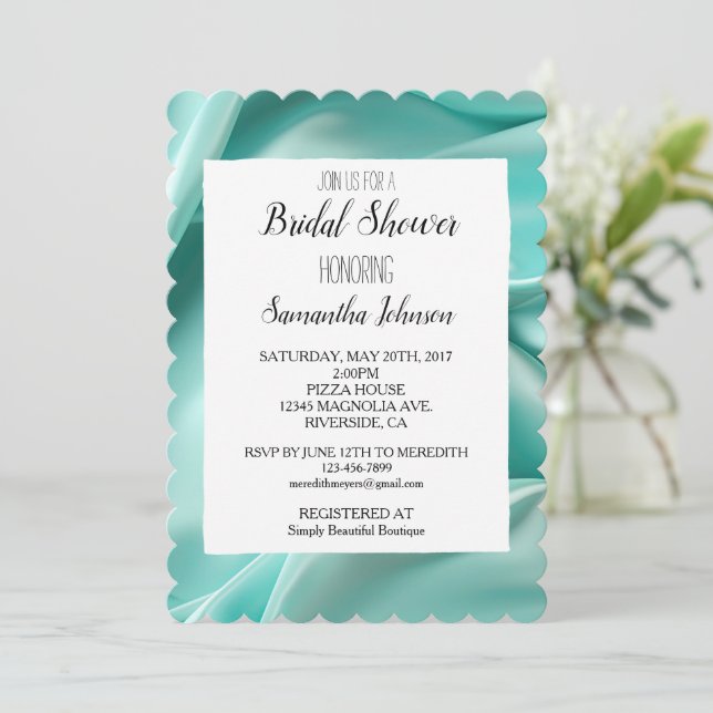 Invitación Bonito Aqua Mint Faux Satin Bridal Shower (Anverso de pie)