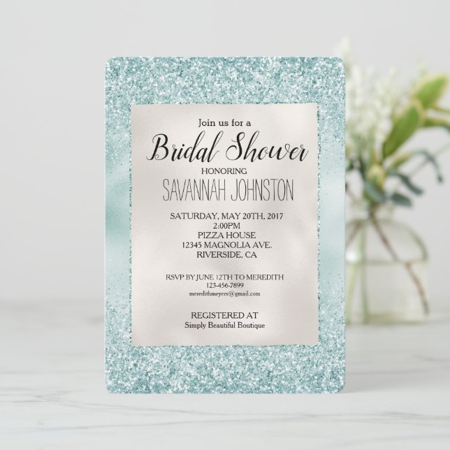 Invitación Bonito Aqua Mint Glitzy Purpurina Ducha de novias (Anverso de pie)