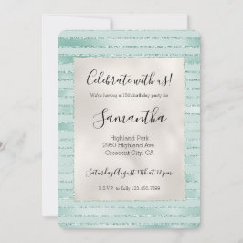 Invitación Bonito Aqua Mint Glitzy Purpurinas Stripes