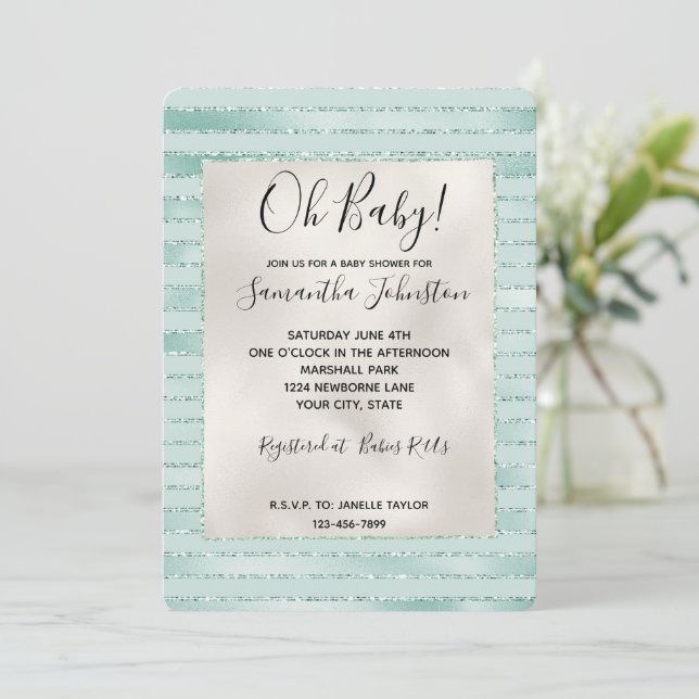 Invitación Bonito Aqua Mint Glitzy Purpurinas Stripes (Anverso de pie)