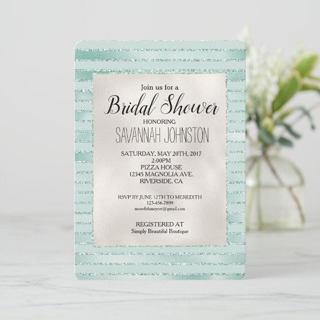 Invitación Bonito Aqua Mint Glitzy Stripes Bridal Shower (Anverso de pie)