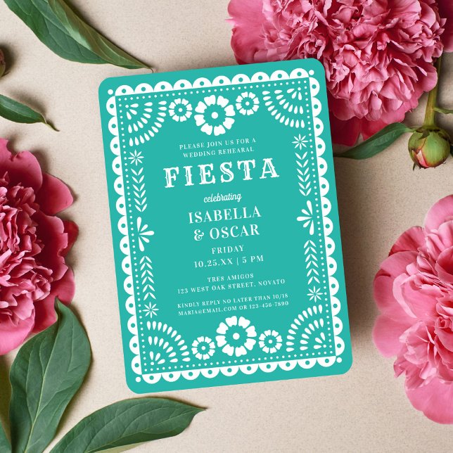 Invitación Bonito Aqua Papel Picado Boda Ensayo Cena (Subido por el creador)