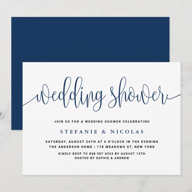 Invitación Bonito azul caligrafía ducha de matrimonio (Anverso / Reverso)