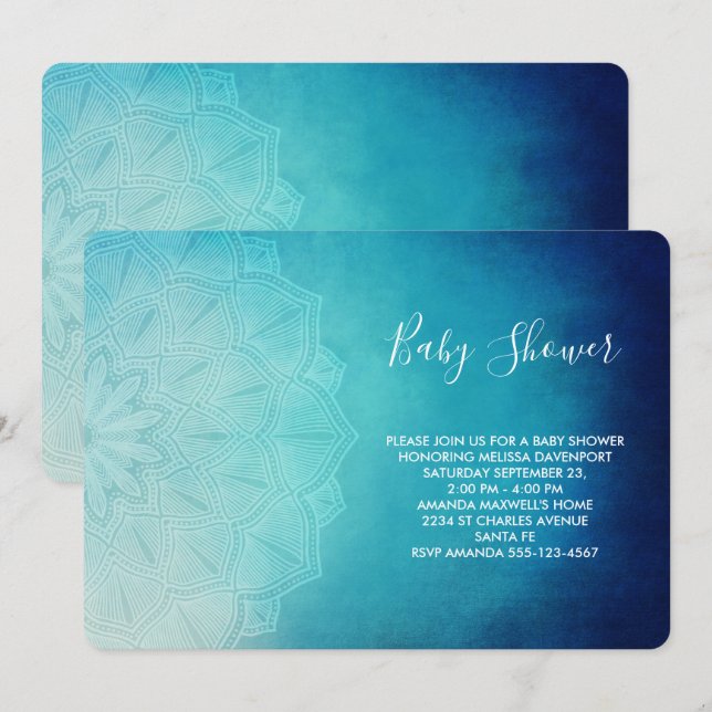 Invitación Bonito Azul Mandala Resumen Baby Shower (Anverso / Reverso)