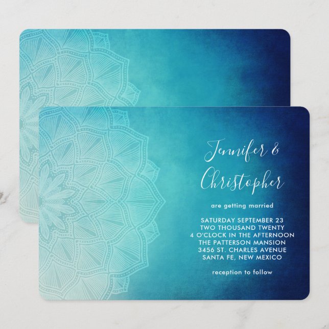Invitación Bonito Azul Mandala Resumen Boda (Anverso / Reverso)