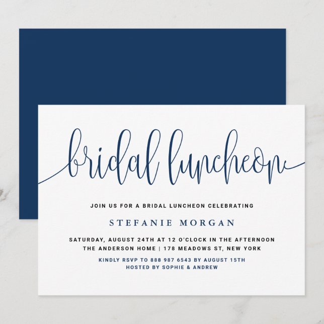 Invitación Bonito azul marina caligrafía bridal luncheon (Anverso / Reverso)