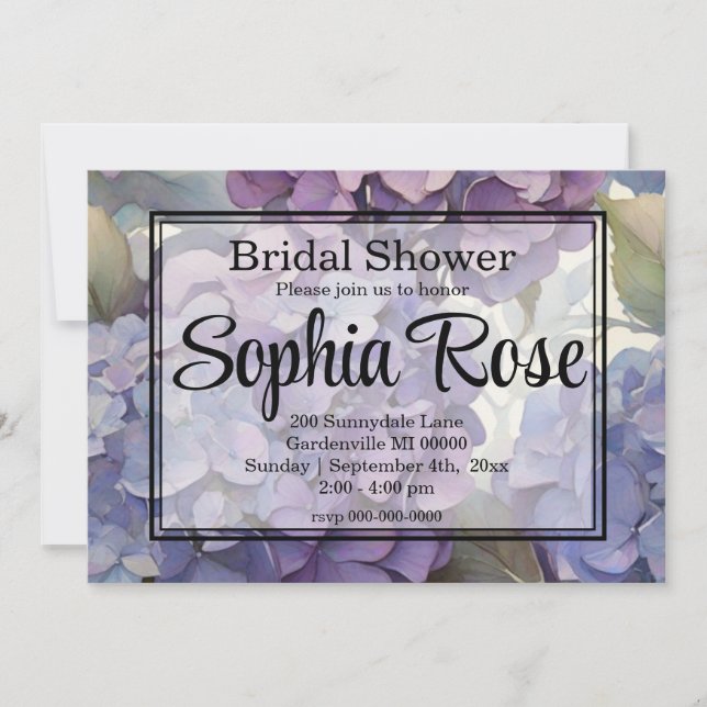 Invitación Bonito azul morado acuarela floral ducha de novia (Anverso)