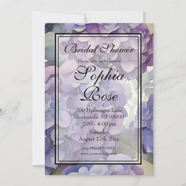 Invitación Bonito azul morado acuarela floral ducha de novia (Anverso)