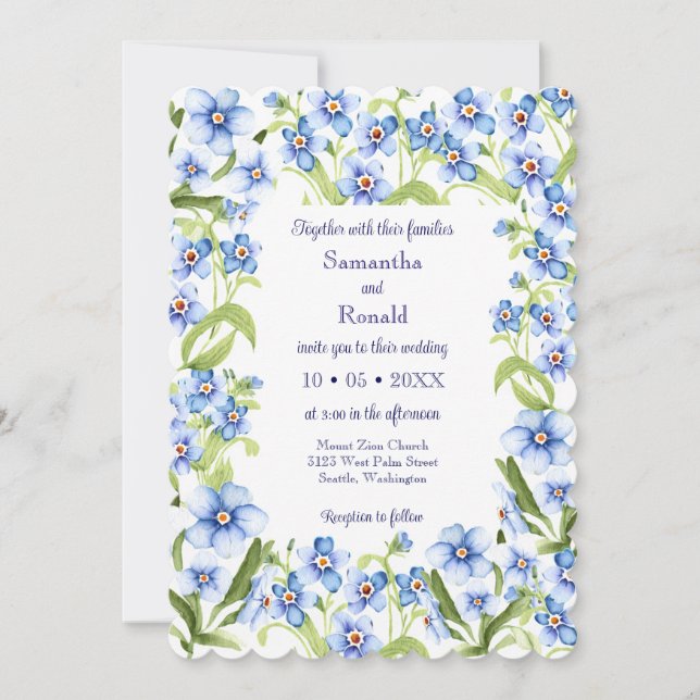 Invitación Bonito Azul Olvídame No Boda de acuarela (Anverso)