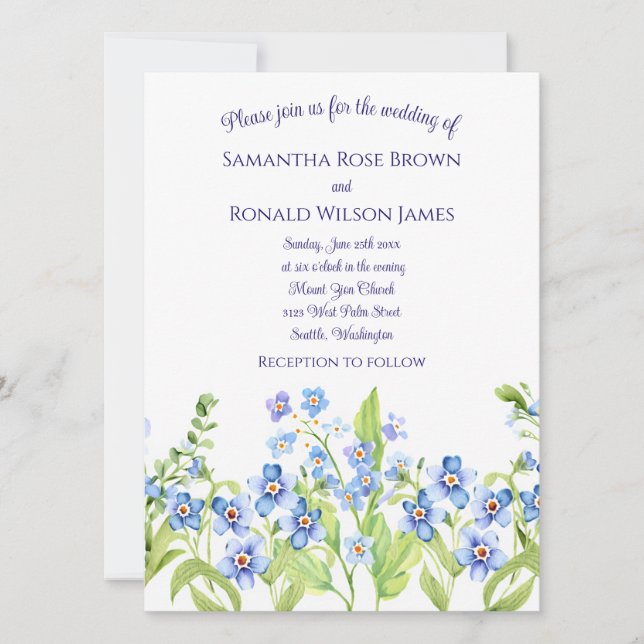 Invitación Bonito Azul Olvídame No Boda de acuarela (Anverso)