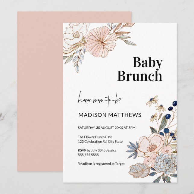Invitación Bonito azul rosa Floral Bebé Brunch Ducha (Anverso / Reverso)