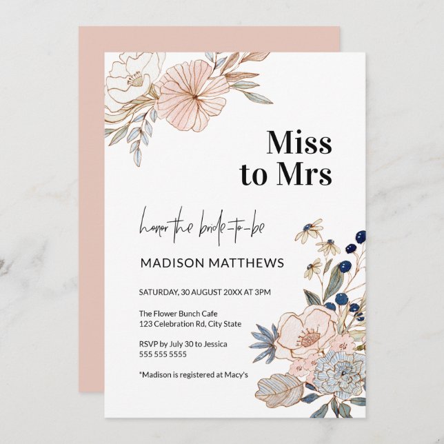 Invitación Bonito azul rosa Floral Bridal Shower Miss a la Sr (Anverso / Reverso)