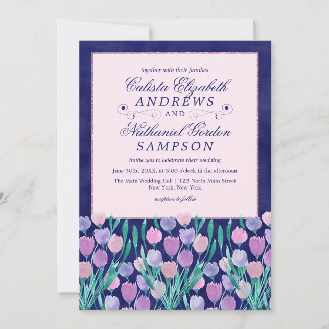 Invitación Bonito azul rosa Tulipanes Floral acuarela Boda (Anverso)