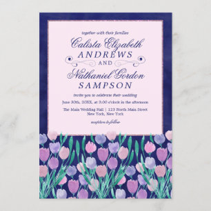 Invitación Bonito azul rosa Tulipanes Floral acuarela Boda