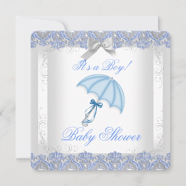 Invitación Bonito Baby Shower Boy White Silver Lace Blue (Anverso)