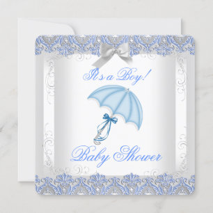 Invitación Bonito Baby Shower Boy White Silver Lace Blue