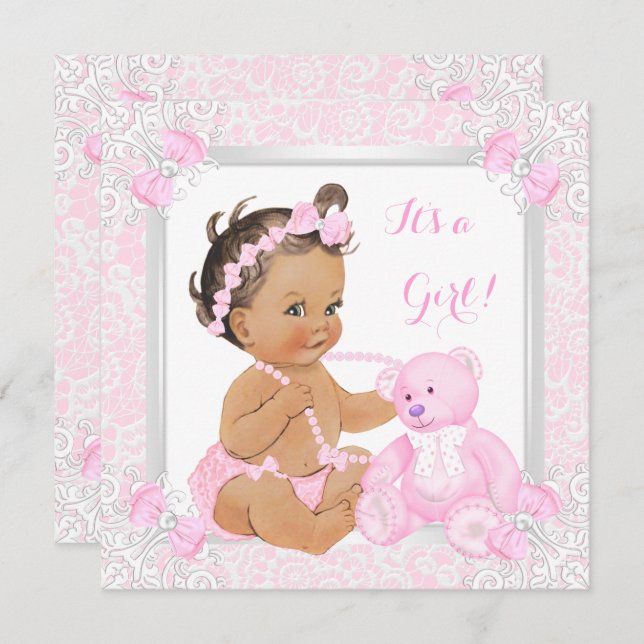 Invitación Bonito Baby Shower Chica Lace Bear Brunette (Anverso / Reverso)