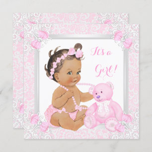 Invitación Bonito Baby Shower Chica Lace Bear Brunette