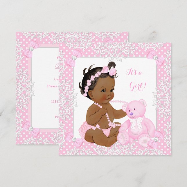 Invitación Bonito Baby Shower Chica Lace Rosa Oso Étnico (Anverso / Reverso)