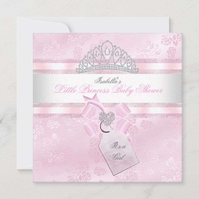 Invitación Bonito Baby Shower Chica Pequeña Princesa Damask 3 (Anverso)