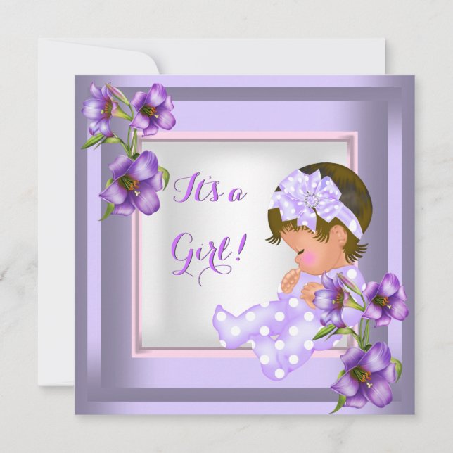 Invitación Bonito Baby Shower Cute Baby Girl Purple Floral (Anverso)