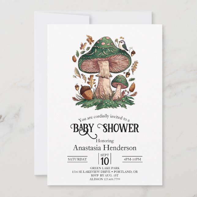 Invitación Bonito Baby Shower de hongos místicos (Anverso)