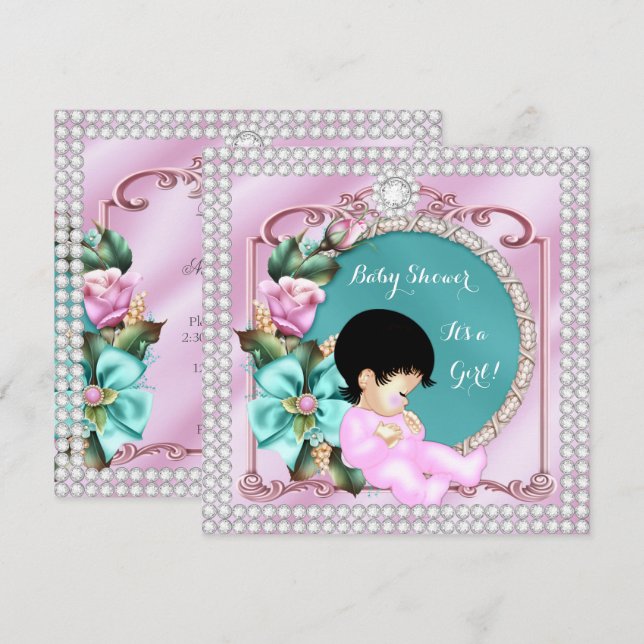Invitación Bonito Baby Shower Floral Verde azulada Brunette r (Anverso / Reverso)