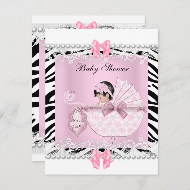 Invitación Bonito Baby Shower Zebra Baby Girl Pink Lace (Anverso / Reverso)