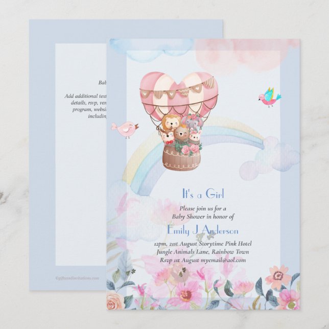 Invitación Bonito Balón de aire caliente Animales Baby Girl S (Anverso / Reverso)