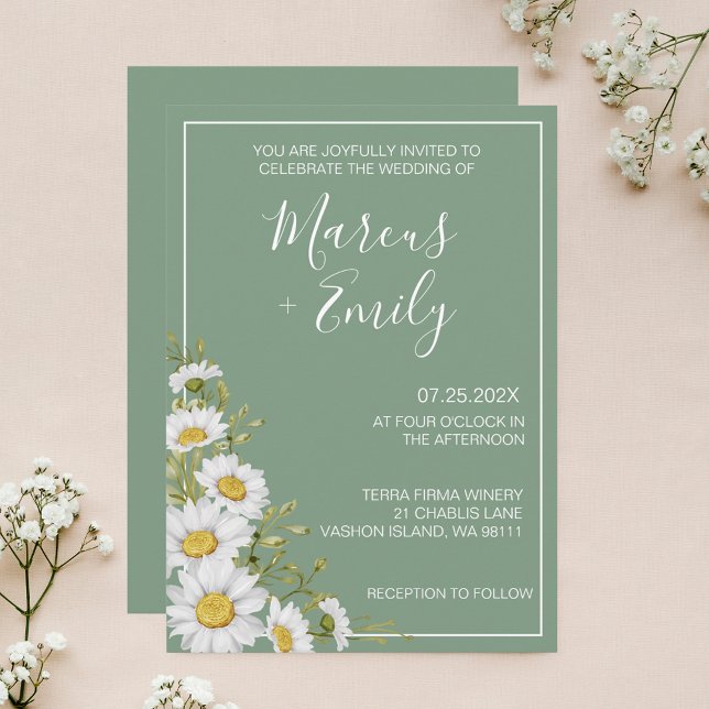 Invitación Bonito Basil Boda de Daisies verdes y blancos (Subido por el creador)