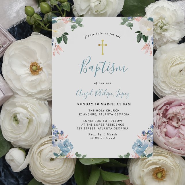Invitación Bonito bautismo floral de acuarela azul (Subido por el creador)