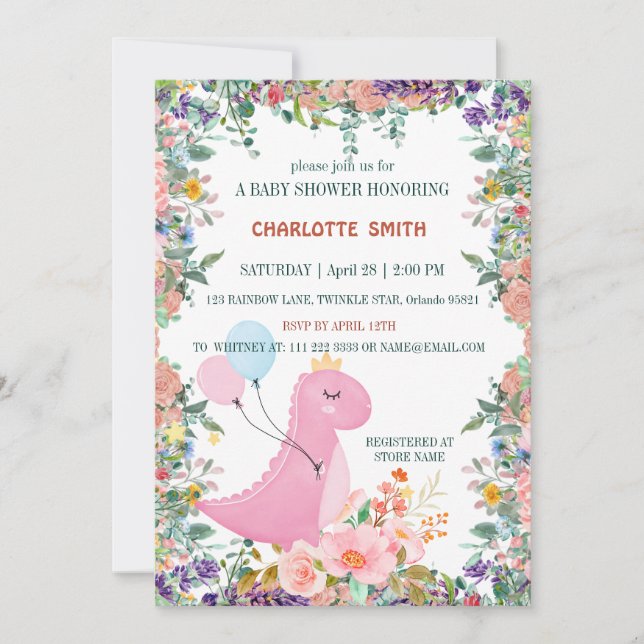 Invitación Bonito Bebé dinosaurio corona globo gradiente flor (Anverso)