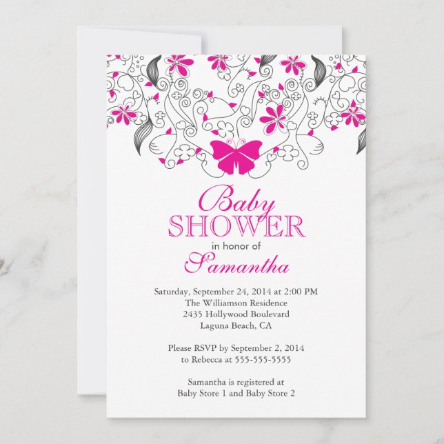 Invitación Bonito Bebé mariposa rosa caliente Chica Baby Show (Anverso)