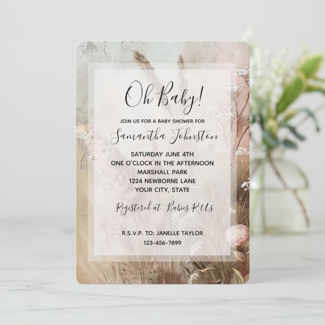 Invitación Bonito Beige Rubor Boho Floral Baby Shower (Anverso de pie)