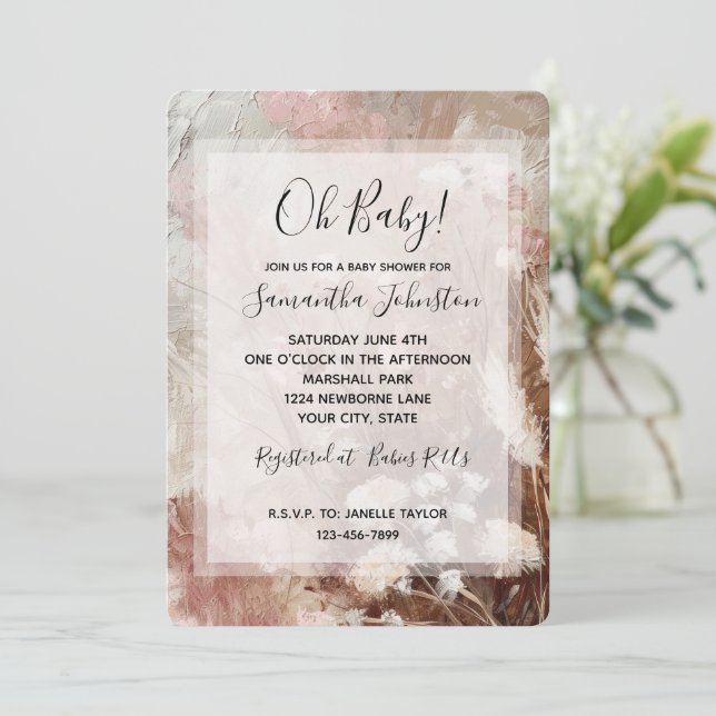 Invitación Bonito Beige Rubor Pink Boho Floral Baby Shower (Anverso de pie)
