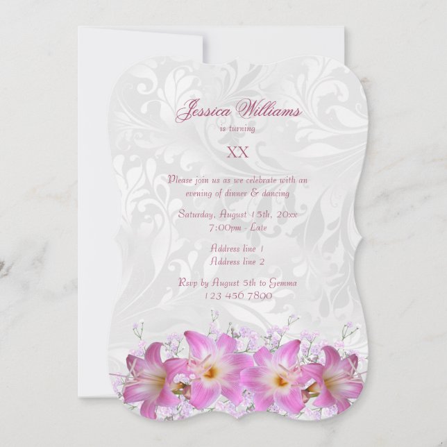 Invitación Bonito Belladonna Lilies & Damask Fiesta de cumple (Anverso)