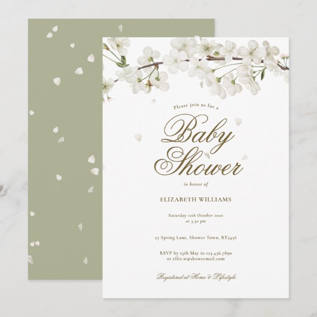 Invitación Bonito Blanco Blossom Baby Shower / Sprinkle (Anverso / Reverso)