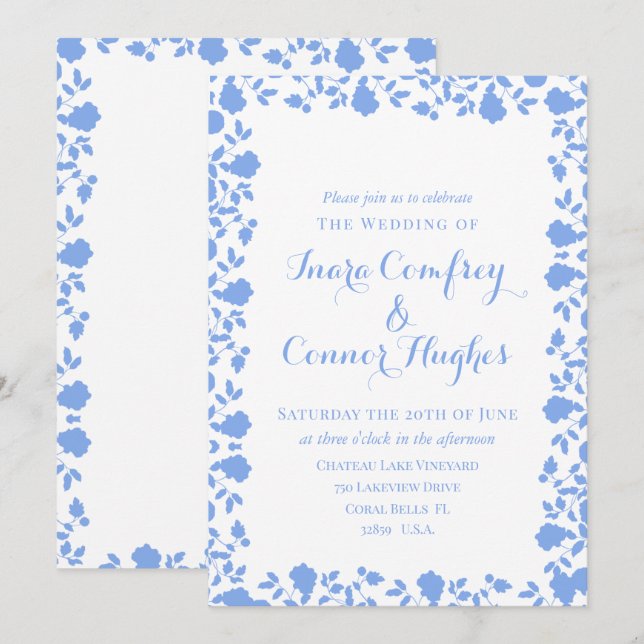 Invitación Bonito blanda romántico blanco azul moderno floral (Anverso / Reverso)
