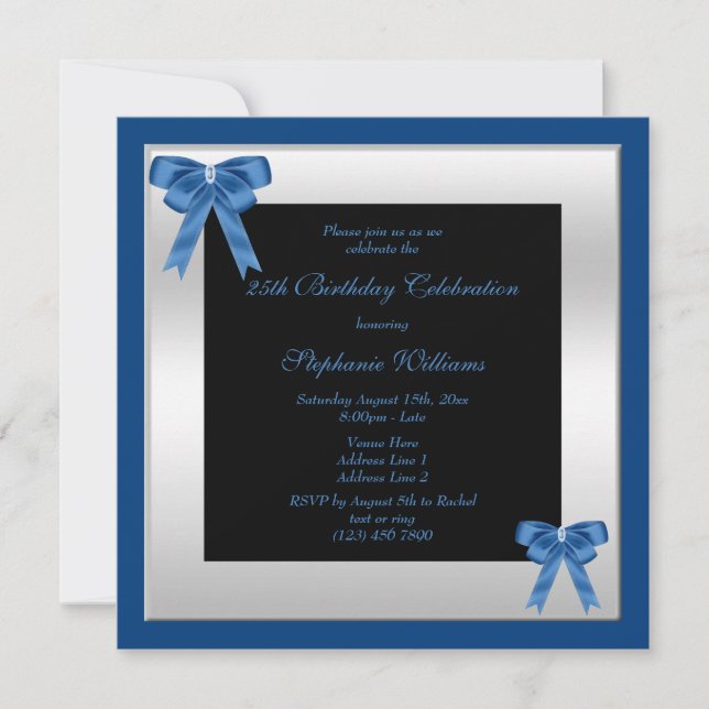 Invitación Bonito Blue Bows & Silver Marcado Cumpleaños (Anverso)