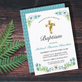 Invitación Bonito Blue Floral Gold Cross Boy Baptism