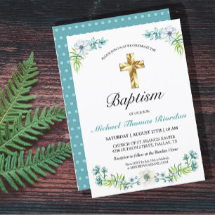 Invitación Bonito Blue Floral Gold Cross Boy Baptism