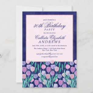 Invitación Bonito Blue Pink Tulips Floral acuarela Cumpleaños
