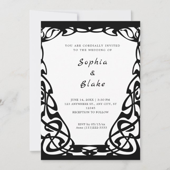 Invitación Bonito Boda de Art Deco Negro y Blanco (Anverso)