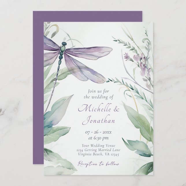 Invitación Bonito Boda de la libélula acuarela y la vegetació (Anverso / Reverso)