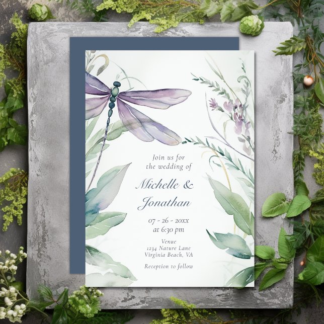 Invitación Bonito Boda de la libélula acuarela y la vegetació (Pretty Watercolor Dragonfly and Greenery Wedding Invitation)