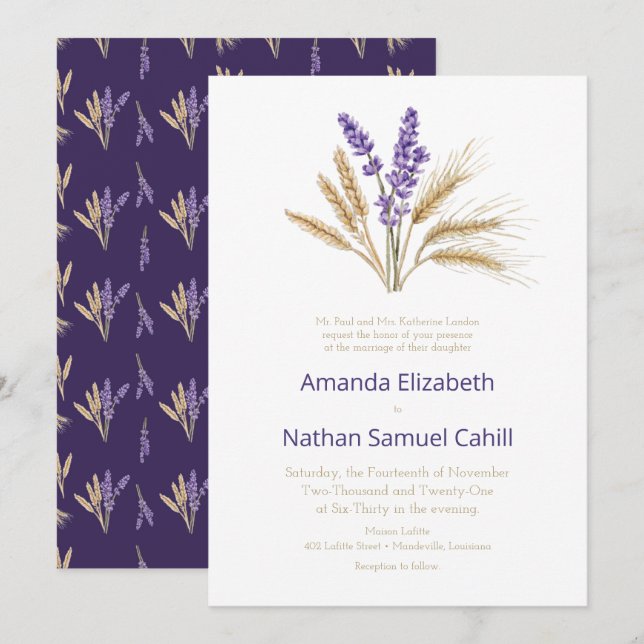 Invitación Bonito Boda de Lavanda y Trigo (Anverso / Reverso)