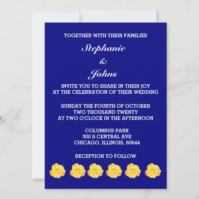 Invitación Bonito Boda floral azul de la armada rosa amarilla (Anverso)