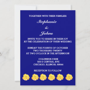 Invitación Bonito Boda floral azul de la armada rosa amarilla