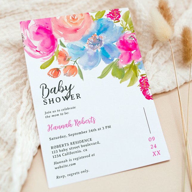 Invitación Bonito bohemia acuosa floral ducha de bebé (Pretty bohemian floral watercolor baby shower invitation)
